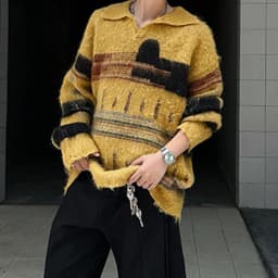 Stylish Mens Contrast Color Sweaters Autumn Winter Outdoor Casual Long Sleeve Lapel Knit Jumpers Men Vintage Knitited Polo Shirt