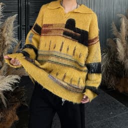 Stylish Mens Contrast Color Sweaters Autumn Winter Outdoor Casual Long Sleeve Lapel Knit Jumpers Men Vintage Knitited Polo Shirt