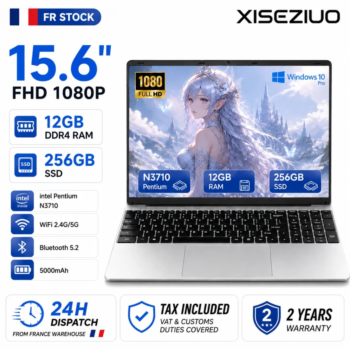 15.6" Laptop Computer Intel N3710 Quad Core Processor 12GB RAM 256GB SSD Notebook Windows 10 Pro PC FHD 1080P IPS Display WiFi 2.4G/5G Bluetooth 5.2 Slim Lightweight Laptop for Student Business Office Home Use Multilingual system DE FR IT ES