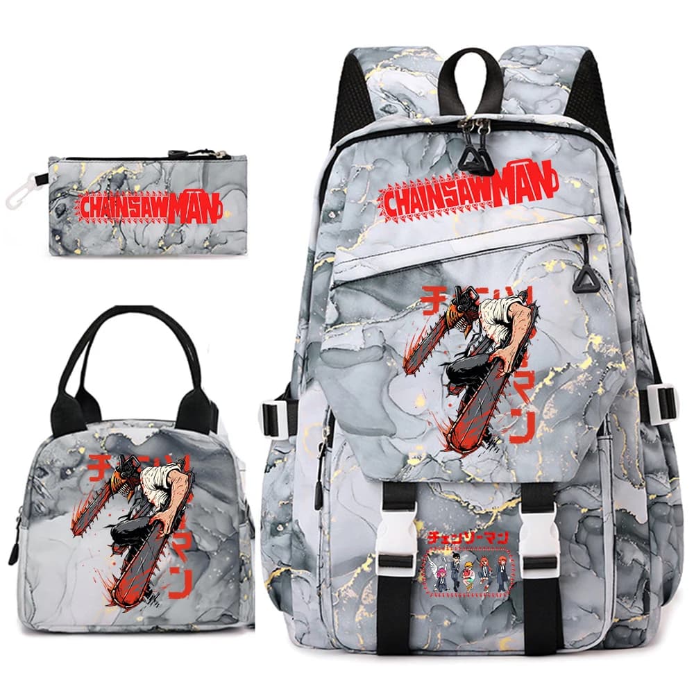 Chainsaw Man Anime Print Student Backpack Set for Girls with Lunch Bag Pencil Case School Daily Use