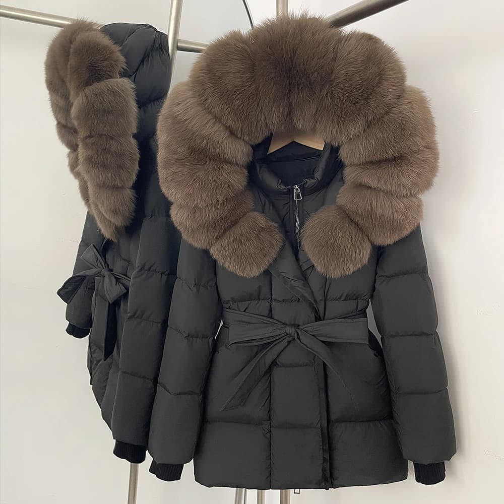OFTBUY New Winter Real Fur Outerwear Women's Down Jacket with Real Fox Fur Belted Waist Mid-Length White Duck Down Puffer Coat