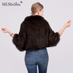 Ms.MinShu Women's Shawl Sleeveless Hand Woven Natural Mink Cape With Fox Fur Collar Trim