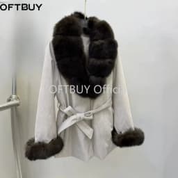 OFTBUY Fashion Waist Tie Long Clothes with Real Fur Women Winter Warm Suede Belted Coat Big Natural Fur Collar Slim Jacket
