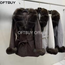 OFTBUY Fashion Waist Tie Long Clothes with Real Fur Women Winter Warm Suede Belted Coat Big Natural Fur Collar Slim Jacket