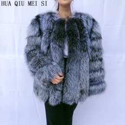 HUA QIU MEI SI Women's fox fur coat vertical stripe silver fox red fox fur coat women's natural fur coat