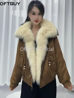 OFTBUY Winter Goose Down Clothing Women's Short Zipper Puffer Jacket with Real Fur Warm Big Natural Fur Collar Loose Outerwear