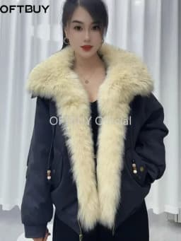 OFTBUY Winter Goose Down Clothing Women's Short Zipper Puffer Jacket with Real Fur Warm Big Natural Fur Collar Loose Outerwear