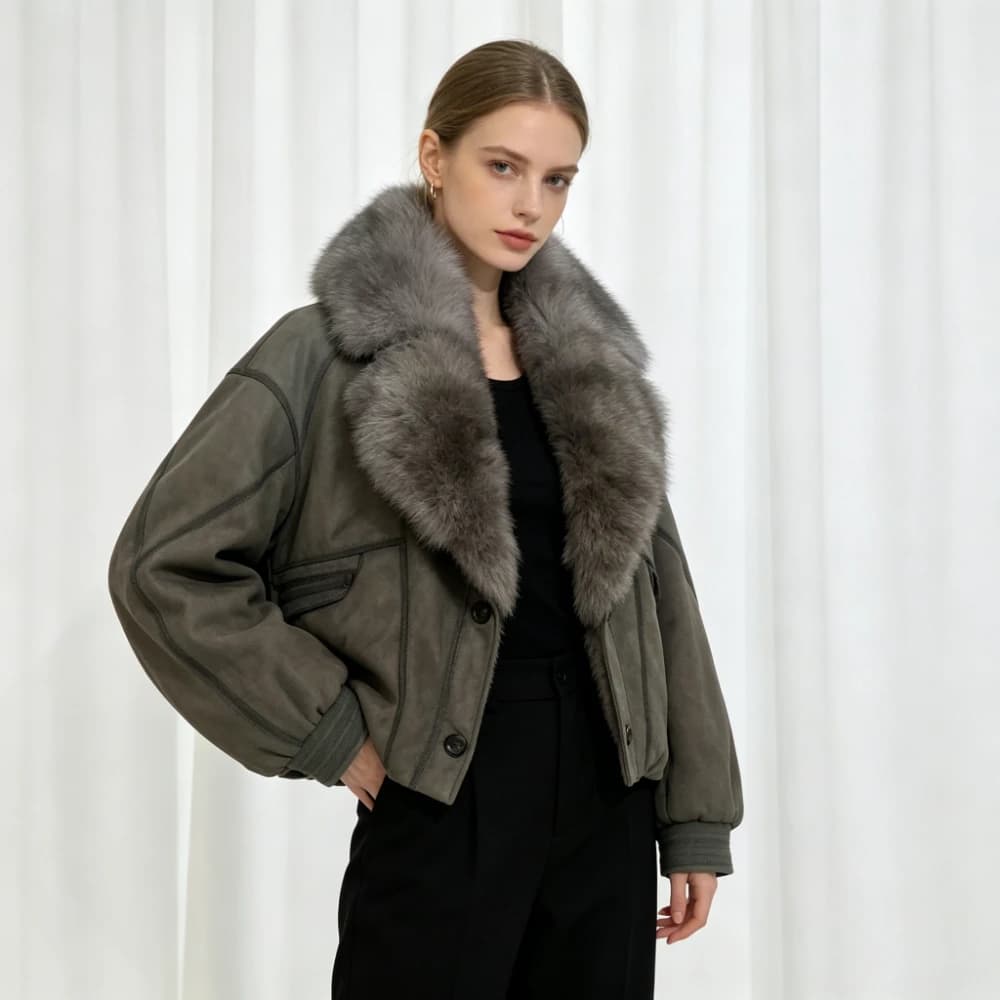 OFTBUY Big Fox Fur Collar Goose Down Clothing Women Warm Thick Short Down Outerwear Winter Suede Jacket with Fur for Female