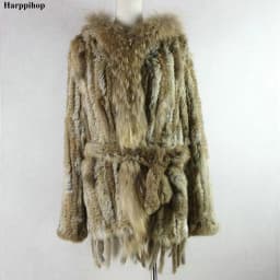 HARPPIHOP*2021 free shipping lady knitted Real rabbit fur coat/ jacket/ outware with hood women belt long with tassels