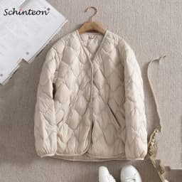 Schinteon Women Ultralight White Duck Down Jacket Argyle V-neck Collar Casual Autumn Winter Outwear Coat 2024 New Fashion