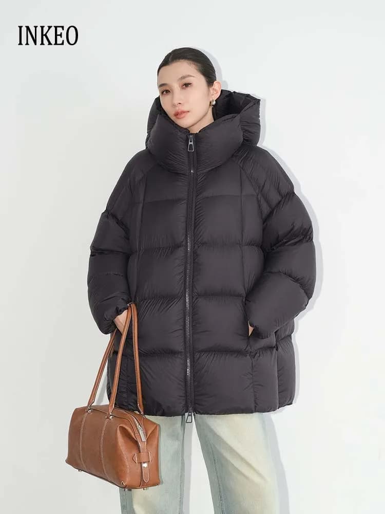 Luxury Oversize thickened warm down jacket for women 2026 Winter High quality Long sleeve puffer coat Black Red INKEO DJ728