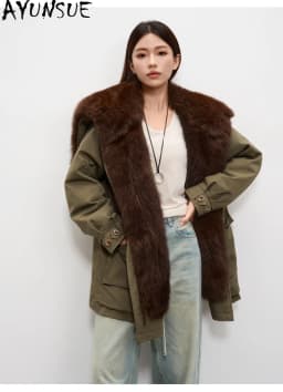 AYUNSUE 90% White Goose Down Coat Womens Winter Clothes Oversized Fox Fur Collar Mid Length Parka Female Loose Fit Clothing 2026