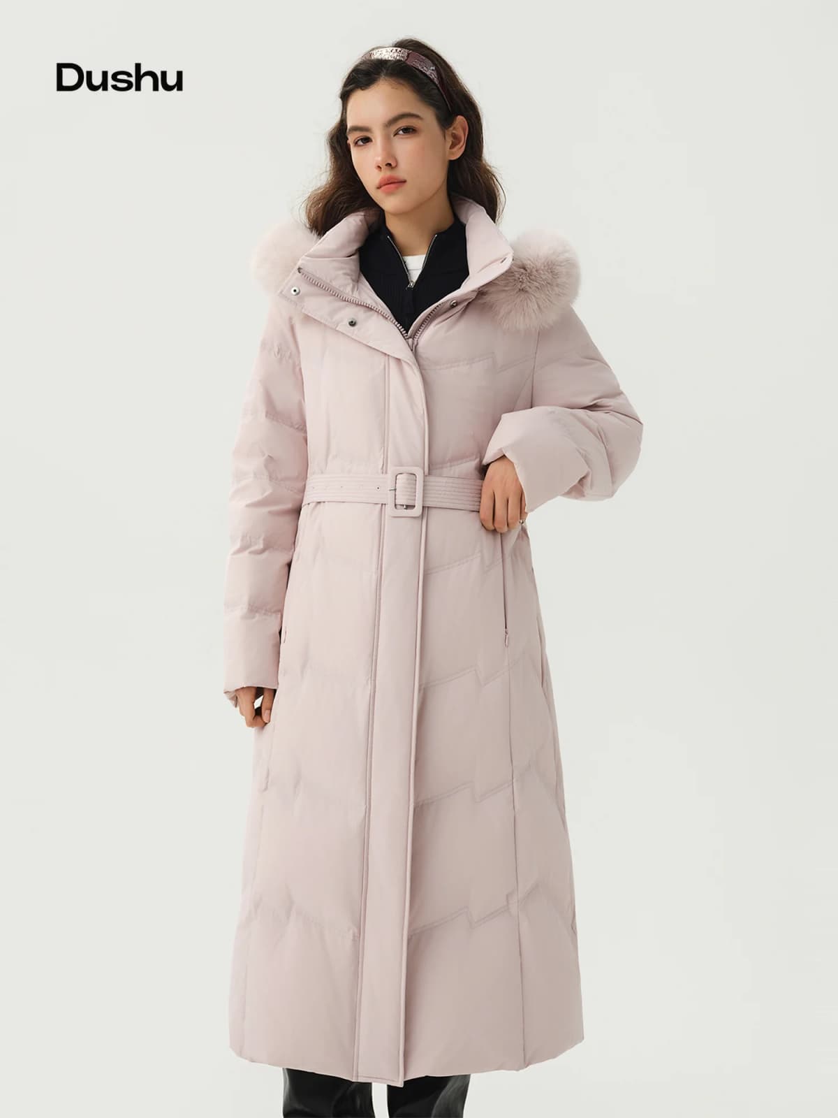 DUSHU Plus Size Mountain Ridge Down Jacket Women Stand Collar Hooded Long Puffer Coat 2026 Winter New Windproof Warm Outerwear