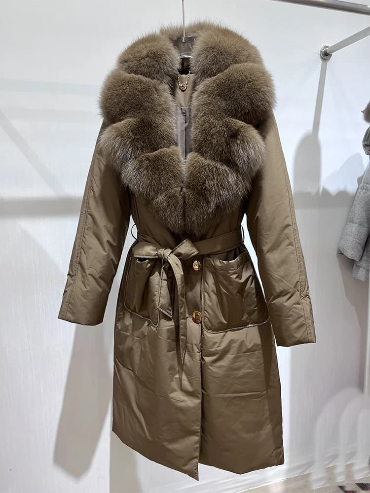 2025 Winter Fashion Women Long Coats Filling White Goose Down Jacket Natural Real Fox Fur Suit Collar Luxury Thick Warm Jacket