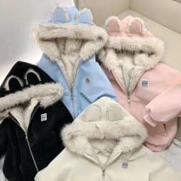 Korean Sweet Plush Rabbit Ear Decor Hooded Coat Women Vintage Aesthetic Loose Outwear Winter Casual Warm Long Sleeve Jacket New