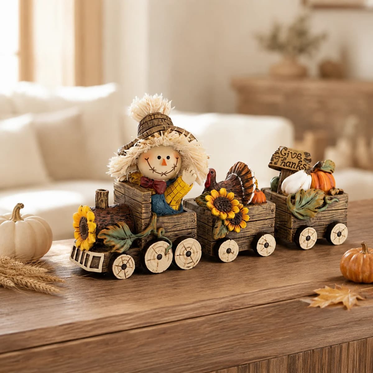 Hodao Scarecrow Resin Fall Harvest Train Figurine, Locomotive with Turkey Pumpkin Sunflower Wagons, Thanksgiving Tabletop Decoration, Rustic Autumn Farmhouse Shelf Sitter Ornament for Mantel, Home, Patio and Seasonal Holiday Display