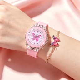 5-Piece Casual New Cute Kidsren's Pink Girl Watch Set, Pink Butterfly Series Accessories, Birthday Gift