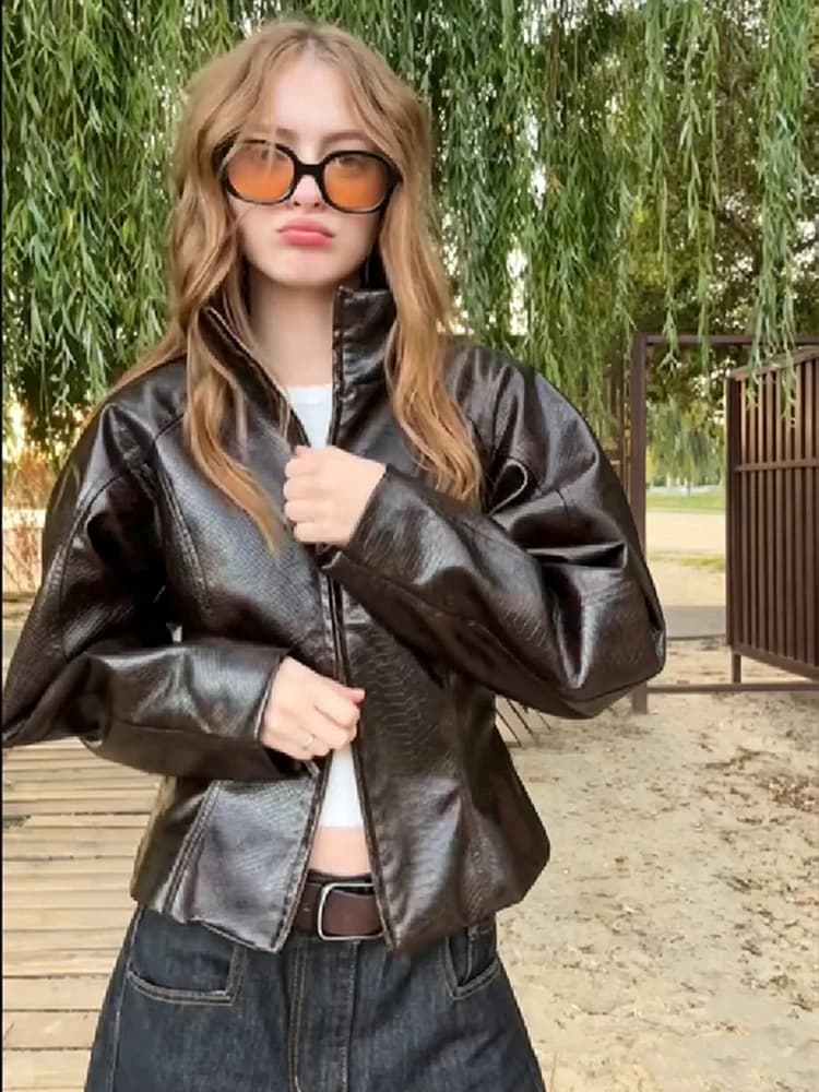 Women Brown Texture Faux Leather Coat Stand Collar Double Head Zipper Slim Fit 2026 New Vintage Casual Lady Moto Biker Jacket