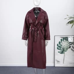 Fashion Belt Long Leather Coat Women Loose Lapel Full Sleeve Pocket Solid Overcoat 2026 Spring Autumn Lady Street Outwear New