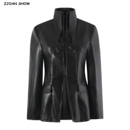 Autumn Women High Street Stand Collar Black PU Leather Blazer Slim Fit Front Hook Buttons Coat Outerwear