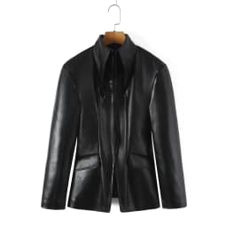 Autumn Women High Street Stand Collar Black PU Leather Blazer Slim Fit Front Hook Buttons Coat Outerwear