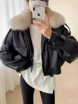 Women Clothing Short Detachable Rabbit Fur Collar Warm Black Coats Women Tops Autumn/Winter New Velvet Thickened Leather Jacket