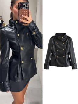 TFMLN Autumn Women Faux Leather Jacket Slim Double Breasted Stand Collar Long Sleeve Short PU Coat Vintage Casual Outerwear