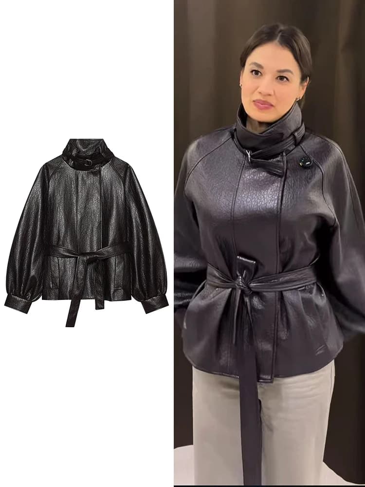 Women's Leather Jacket Fashion Loose Fit Faux PU Short Coat New Female Stand Collar Streetwear Casual Black Long Sleeve Jacket