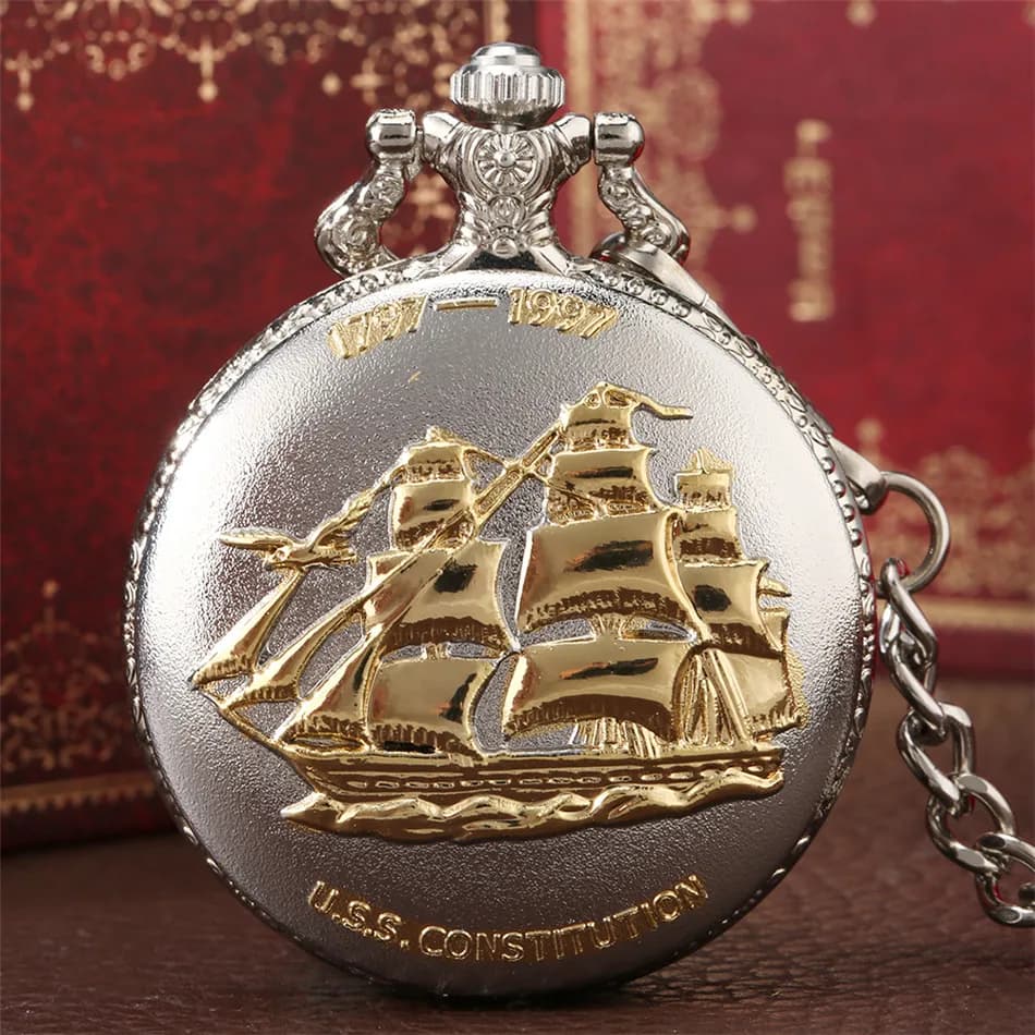 Golden Sailing Boat Design Quartz Pendant Pocket Watch Arabic Numerals Round Dial Silver Fob Pocket Clock