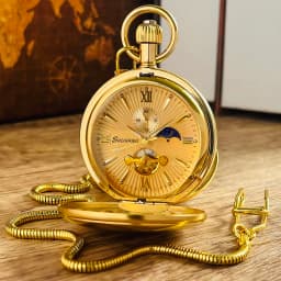 Luxury Smooth Golden Stainless Steel Mechanical Pocket Watch with Chain Fob Watch Tourbillon Moon-phase 24 Hours Sub-dial