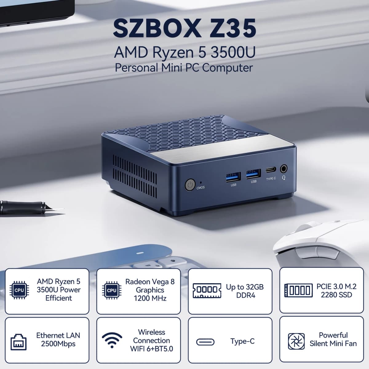 SZBOX Z35 Mini PC AMD Ryzen 5 3500U 3250U 3450U 3700U Single Channel DDR4 Single M.2 SSD Windows 11 Pro Mini Computer