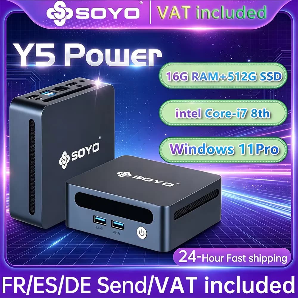 SOYO Mini PC Y5 Power Intel Core I7 8th Gen CPU 16GB DDR4 512GB SSD Windows 11 Pro Mini Desktop Computer WiFi5 BT4.2 Dual 4K Display Gigabit RJ45 LAN USB3.0 Mini for Home Office