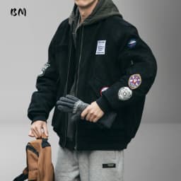 Mens American Heavyweight Padded Bomber Jacket Winter Warm Badge Patch Streetwear Fashion Trendy Coat Korean Hip Hop Parkas Male