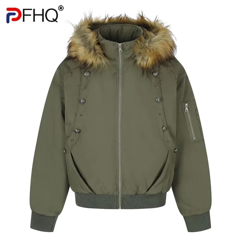 PFHQ Hooded Faux Fur Collar Male Padded Jacket Metal Button Rib Cuff Hem Loose Warm Winter Men Streetwear Coat 21P5311