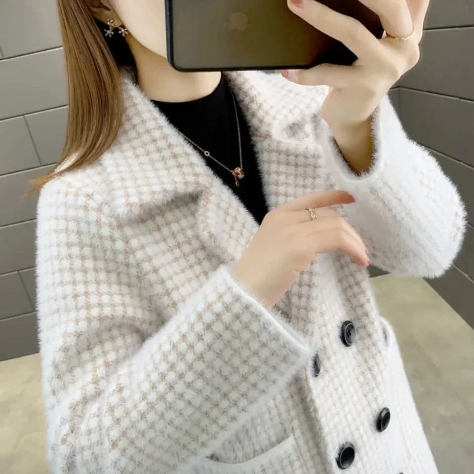 Imitation mink velvet coat women's medium long plaid coat autumn winter thick loose suit collar warm autumn winter coat