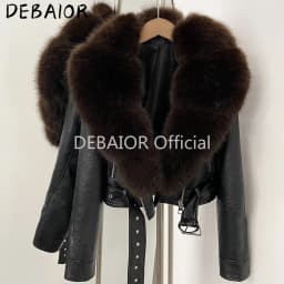 DEBAIOR Women Cropped Faux Leather Jacket with Faux Fur Collar Luxury Winter Warm Biker Coat Female New Belted Short Outerwear