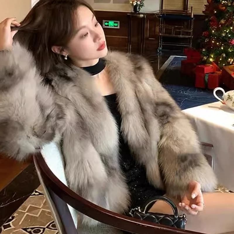 Fuzzy Faux Fox Fur Women Jacket Korean Elegant Collarless Coat Long Sleeve Thick Warm Chic Luxury Winter Outerwear Top
