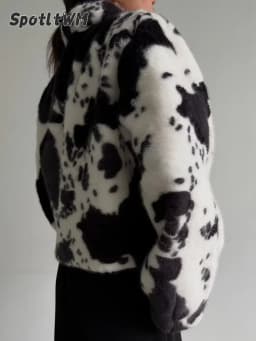 Women's Cow Print Cropped Faux Fur Jacket Turn‑down Collar Zip‑up Long Sleeve Casual Furry Short Outerwear 2026 Fashion Ladies