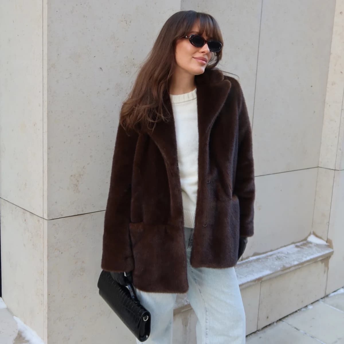Women's Dark Brown Fluffy Faux Fur Coat Lapel Collar Single Breasted Oversized Winter Warm Jacket Elegant Luxe Chic Streetwear