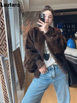 Lautaro Autumn Winter Brown Thick Warm Soft Faux Mink Fur Coat Women Lantern Sleeves Elegant Luxury Chic Fluffy Jacket 2026