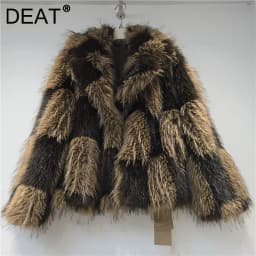 DEAT Women 2026 Winter Patchwork Design Contrast Color Plaid Jackets Women Faux Fur Thickened Warm Hidden Button Coat 11C573