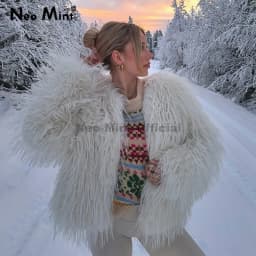 Neo Mint Fluffy Tassels Faux Fur Coat Women 2025 Winter New Stylish Eco Fur Jacket Brand Fashion Girls Thick Furry Overcoat
