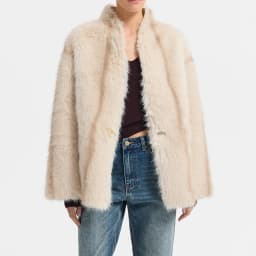 Women's Beige Cropped Fluffy Faux Fur Coat Button Stand Collar Winter Warm Thick Elegant Luxe Chic Outerwear