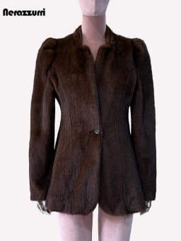 Nerazzurri Winter Short Brown Thick Warm Soft Fitted Faux Mink Fur Coat Women Single Button Elegant Luxury Chic Fluffy Jacket