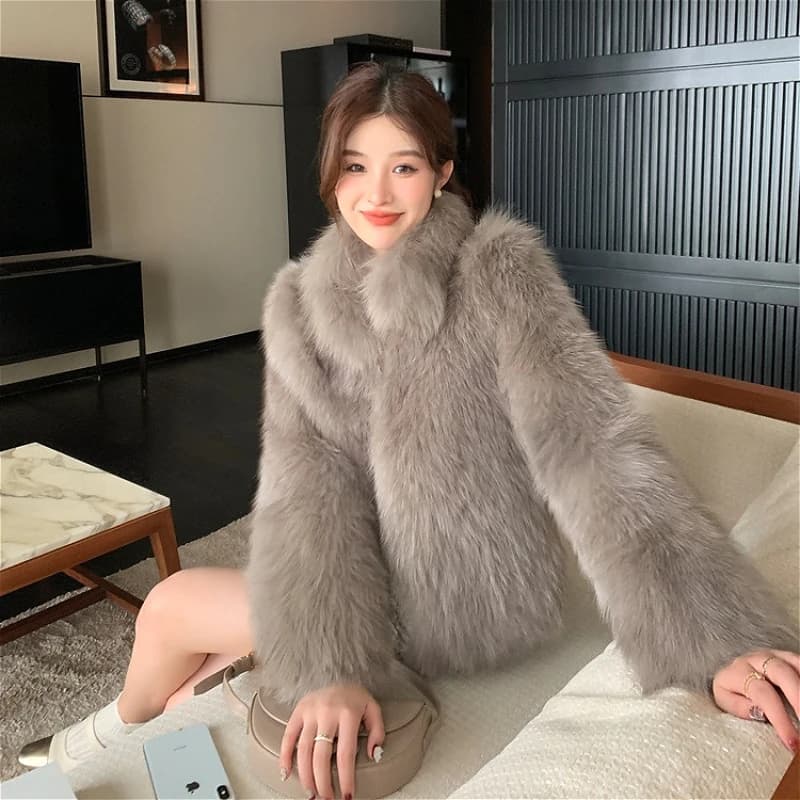 Women Faux Fox Fur Coats Solid Fur Jackets Cotton Linen Stand Collar Long Sleeves Open Stitch Loose Casual 2026 Autumn Winter