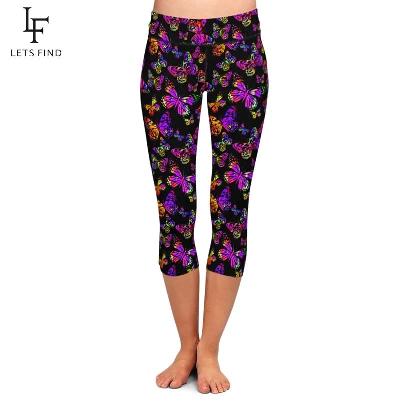 LETSFIND High Quaility Colorful Butterfly Pattern Print Women Fitness Capri Leggings High Waist Slim Mid-Calf Stretch Leggings