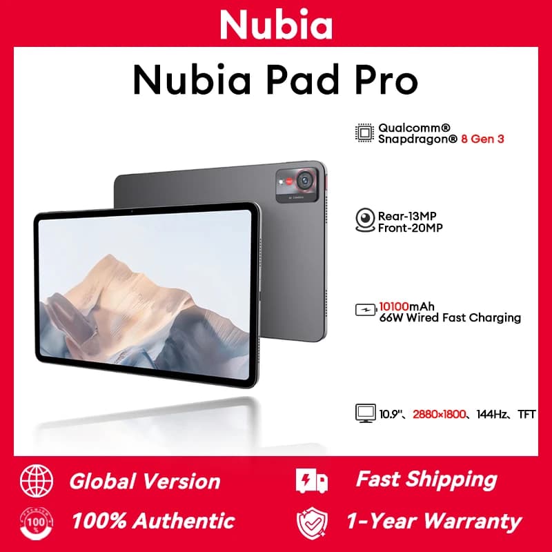 Global Version Global Version Nubia Pro Pad Snapdragon® 8 Gen 3 10.9" 2880×1800 144Hz TFT 13MP+20MP 10100mAh 66W NFC