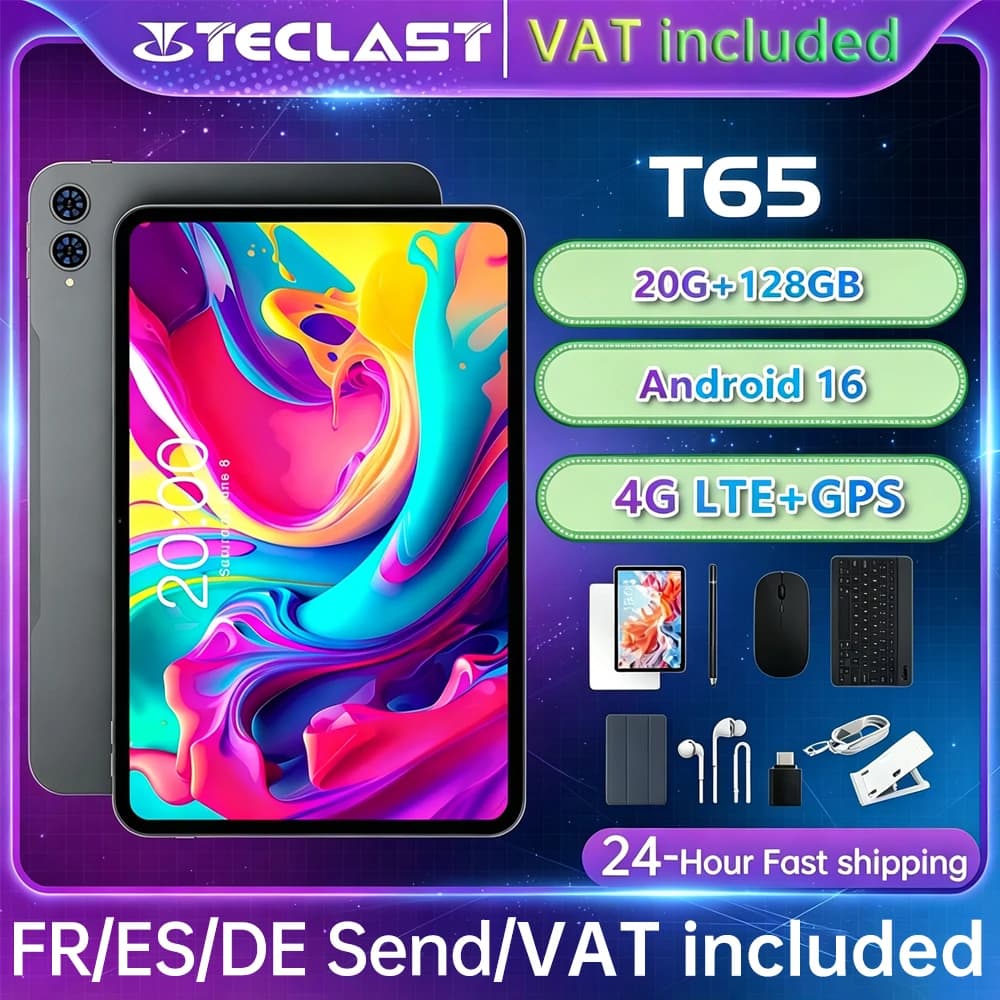 Teclast T65 Tablet PC Android 16 OS 13.4‑Inch 1920×1200 120Hz High Refresh Display Unisoc T7280 8‑Core Processor 26GB RAM(6GB+20GB Expansion) 128GB ROM 4G LTE Network GPS Navigation 8000mAh Type‑C 5MP Front Camera Gaming Entertainment Business Tablet