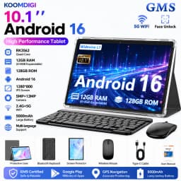 KOOMDIGI W30Pro Android 16 Tablet 10 Inch Display Touch Screen 12(4GB + 8GB Expand)RAM, 128GB ROM + Support 1TB TF Expanded(not Include TF Card) WIFI, 5000mAh Battery Type-C Charging, with Case (Keyboard, Wireless Mouse, Pen) Can Optional