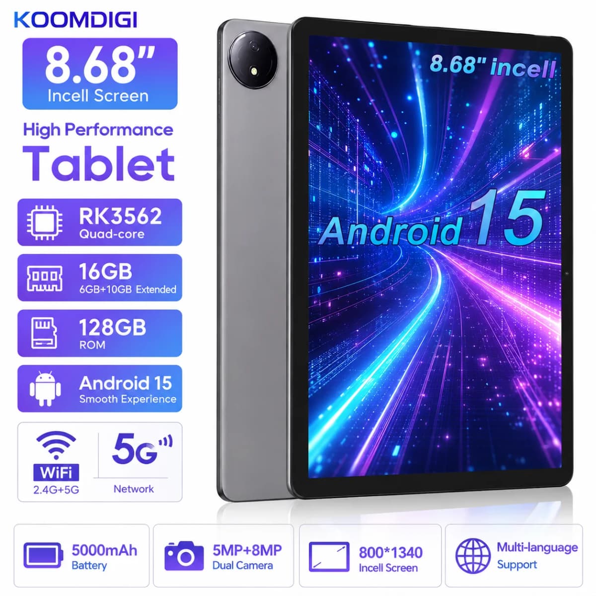 KOOMDIGI W87 8.68 Inch Android 15 Tablet, 16GB RAM (6GB + 10GB Extended) 128GB ROM, 1340x800 UHD Incell Display, 5G WiFi, Dual Camera, 5000mAh Battery, Widevine L1, GPS, GMS, Google Tablet with Case, USB-C Cable & Screen Protector